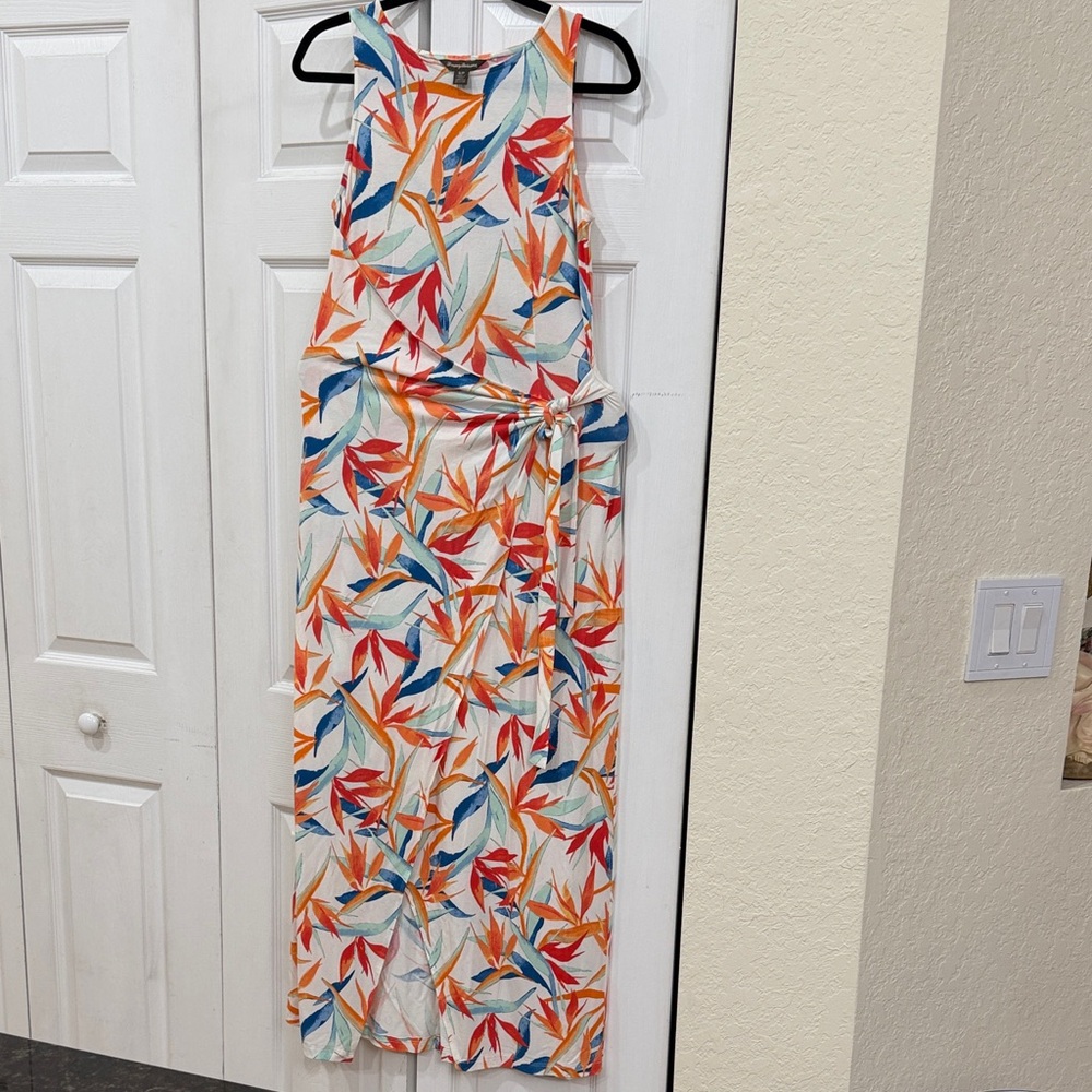Tommy Bahama Tropical Leaf Print Maxi Dress in White with Orange & Blue